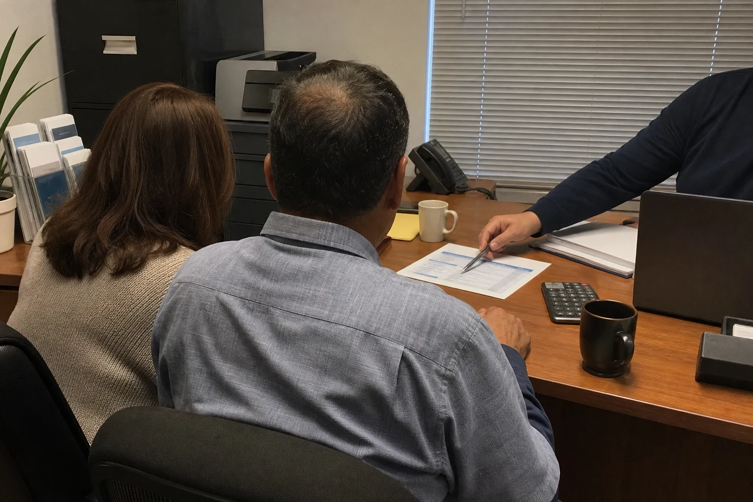 Couple seen from behind at an office desk as an agent points a pen at a printed comparison sheet, with a calculator, coffee mugs, phone and filing cabinet nearby